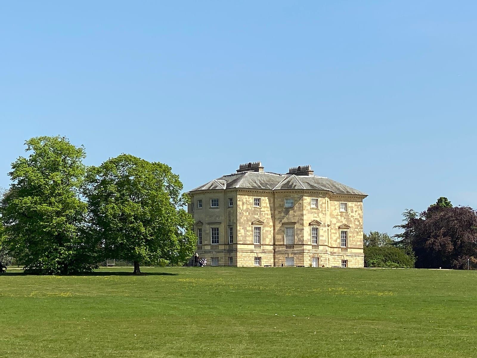 Danson House in Danson Park, the Palladian villa between Bexleyheath and Welling, seen across a mown lawn